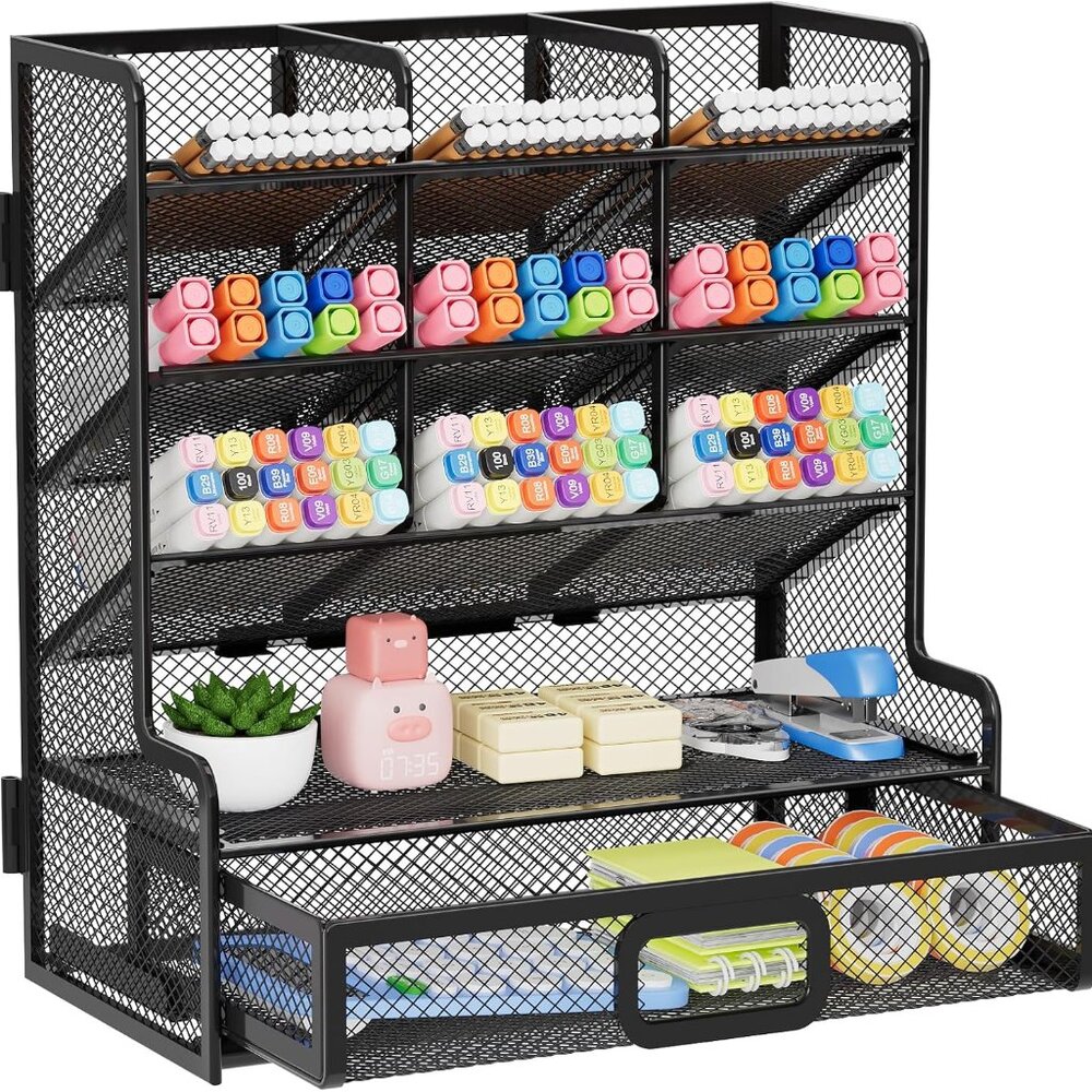 Durable Black Mesh Desk Organizer with Drawer - Multi-Functional, Space-Saving